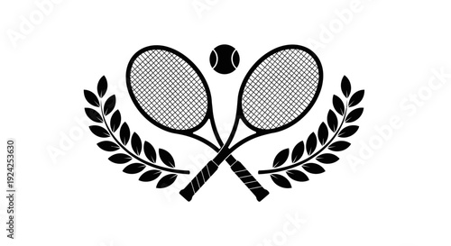 Outline Icon of Classic Tennis Rackets and Ball with Laurel Wreath, Representing Sportive Excellence on White Background