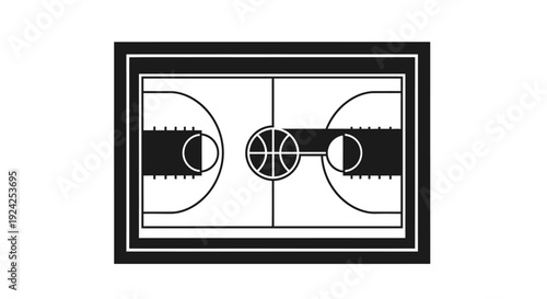 Minimalist black framed basketball court icon, isolated white background.