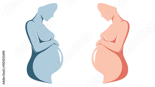 Blue and pink silhouettes of two pregnant women facing each other representing pregnancy, motherhood, and expectancy.