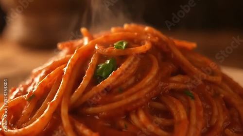 Wallpaper Mural Hot steaming italian pasta spaghetti food with tomato sauce and basil smoke Torontodigital.ca