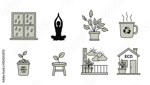 Eco-Friendly Daily Life Icons: A collection of icons representing a eco-conscious daily life, from recycling to meditation and indoor plant.