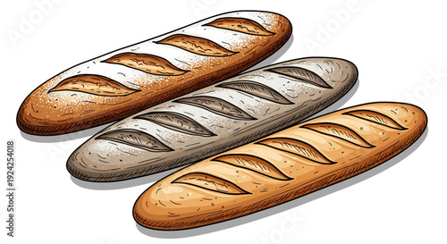 Assortment of three freshly baked artisan bread loaves dusted with flour in a studio setting isolated