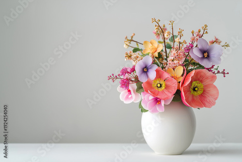 Bouquet of vivid exotic flowers in minimalistic white vase