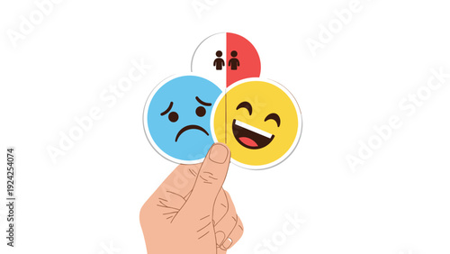 Human hand holding three different circular emoticons representing mood, emotion, and feedback assessment.