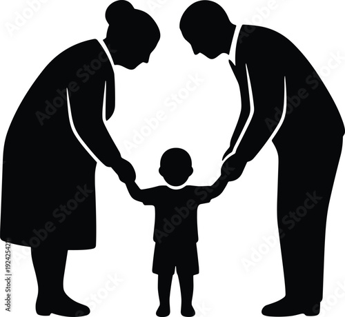 Grandparents Holding Toddler's Hands: Silhouette Illustration of an Elderly Couple Bending Down to Guide a Small Child for Family Support and Love Concept