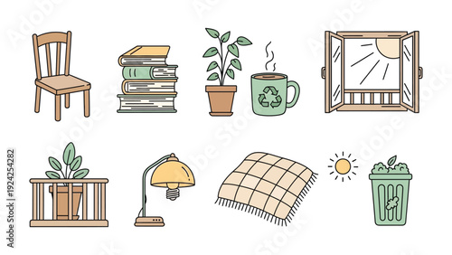 Cozy Interior Elements: A collection of charming interior elements, with warm colors and a focus on nature, creating a sense of comfort and relaxation.