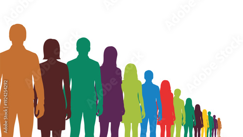 Colorful silhouettes of people of various heights and sizes arranged in a row representing human diversity and growth.
