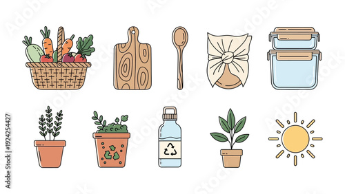 Sustainable Living Essentials: An array of eco-friendly items, from a woven basket filled with produce to reusable containers and plants.