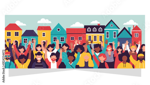 Diverse group of happy people with raised arms standing in front of colorful houses in a friendly neighborhood.