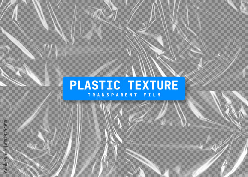 Realistic transparent plastic film texture in A4 format. Stretchable polyethylene wrap with crumpled, wrinkled surface and natural reflections. Plastic stretch cellophane effect. Vector