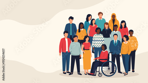 Diverse group of people standing together including a woman in a wheelchair for disability inclusion concept.