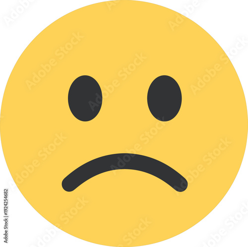 Minimalist yellow sad face emoji icon with frowning mouth and oval eyes representing unhappy emotion disappointment grief and negative customer feedback (21 words)