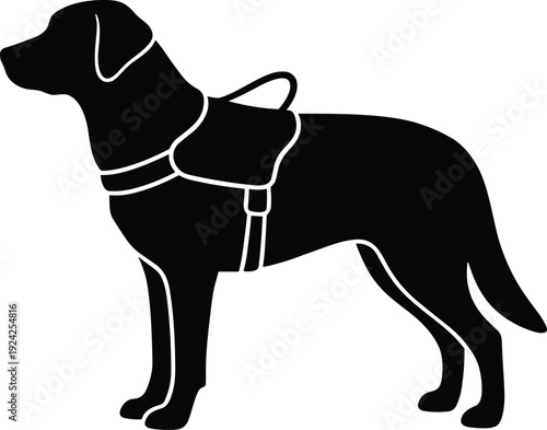 Professional Service Dog Silhouette: Black and White Vector Illustration of a Labrador with Assistance Harness for Disability Support, Guide Dog, and Helping Animal Concept