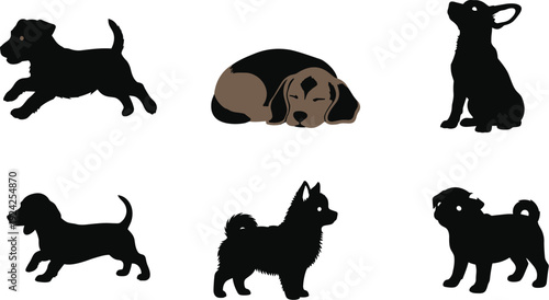 Small Dog Breeds Silhouette Collection: Professional Illustration Set Featuring Puppy, Beagle, Pug, and Pomeranian in Various Poses for Pet Care and Adoption Concept