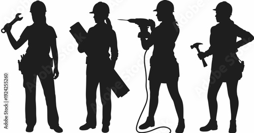 Silhouettes of security personnel in various poses with equipment. isolated on white background, Vector, illustration