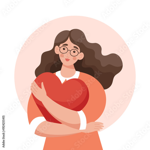 Woman hugging a red heart with love and affection. Illustration.