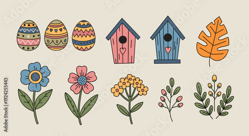 A collection of colorful flowers, Easter eggs, birdhouses, and leaves in a whimsical hand-drawn vector style, ideal for seasonal designs
