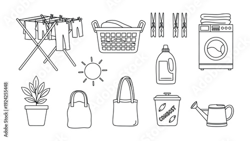 Laundry and Home Essentials: An illustration showcasing essential items for laundry day and home care, emphasizing the concepts of cleanliness and domesticity.