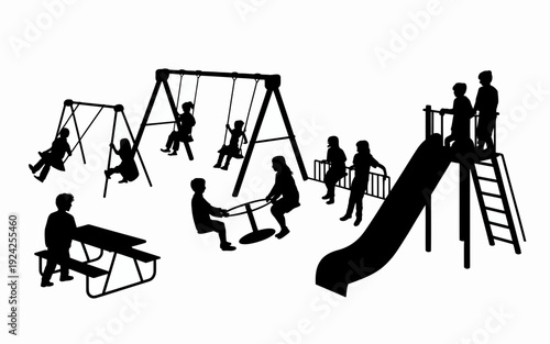 Children enjoying various playground equipment on a sunny day isolated on white background, Vector, illustration
