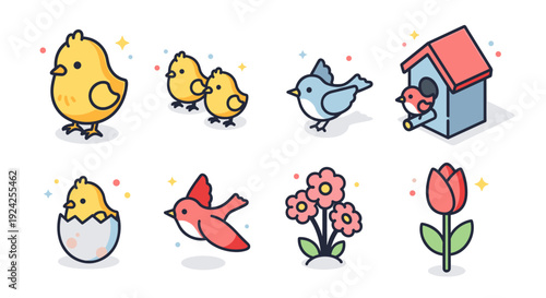 A collection of cute cartoon birds, flowers, and a birdhouse in a colorful modern vector style, perfect for spring-themed designs