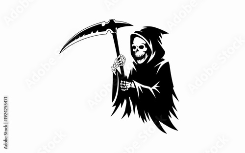 Black and white illustration of a grim reaper silhouette with scythe isolated on white background, Vector, illustration