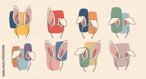 A collection of six bunny ear headbands in a modern pastel color palette, ideal for Easter-themed designs