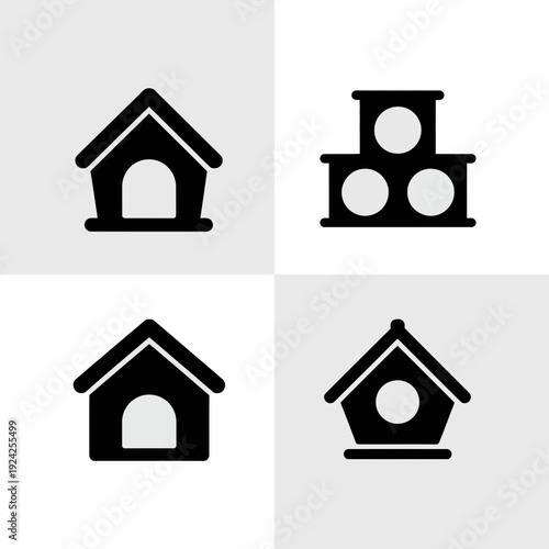 Four stylized icons representing different types of houses and a tent structure isolated on white background, Vector, illustration