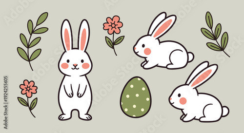 A collection of cute rabbits and easter egg in flat cartoon style with flowers and leaves, perfect for spring-themed designs