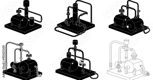 Historical evolution of mechanical arm designs and robotic automation schematics isolated on white background, Vector, illustration