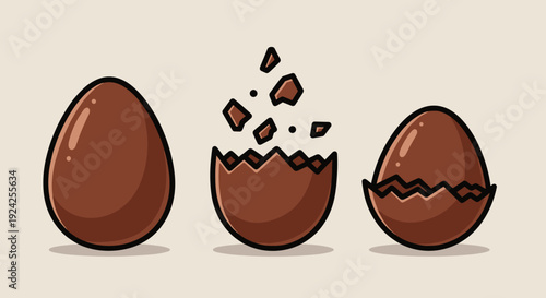 A set of chocolate eggs in various stages: whole, cracked, and hatching in a cartoonish vector style, perfect for Easter-themed designs