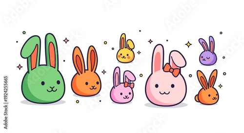 A set of cute cartoon bunnies in various vibrant colors, featuring playful expressions in a modern vector style, ideal for Easter and children's designs