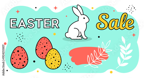 A playful Easter sale banner featuring a bunny and colorful eggs in a modern vector style, suitable for marketing and promotions