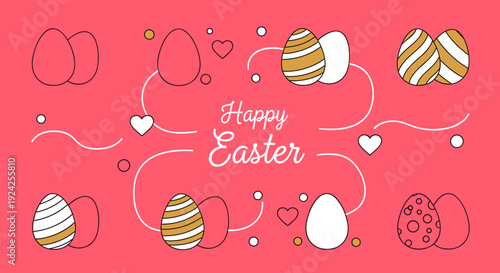 A collection of decorated Easter eggs with hearts and swirls in a minimalist vector style, perfect for holiday greetings