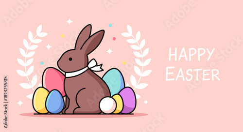 A cute rabbit with Easter eggs in colorful vector style on a pastel background, perfect for holiday greetings and decorations