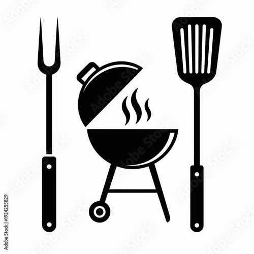 Set of barbecue tools and grill for outdoor cooking and grilling activities isolated on white background, Vector, illustration