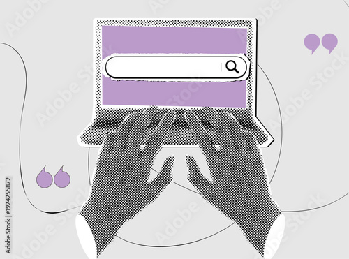 Retro halftone collage of Hands Typing on Laptop with Search Bar 