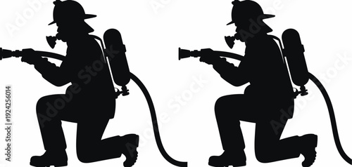 Two divers in scuba gear holding underwater communication devices and tools. isolated on white background, Vector, illustration