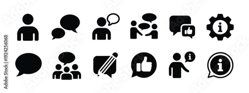 Speaking and communication icon set, vector illustrations containing advice, discussion, speech bubble, conversation, talking, question and answer, opinion, message, feedback, and information symbols 