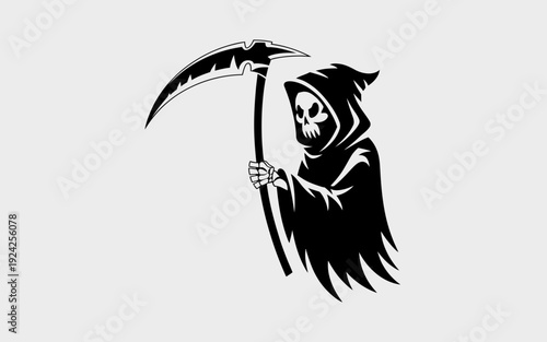 Grim reaper figure holding a large scythe against a plain background isolated on white background, Vector, illustration