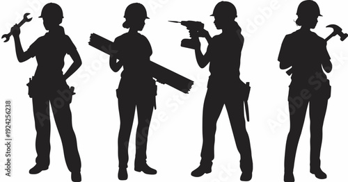 Silhouettes of professionals holding various tools and equipment in a work setting isolated on white background, Vector, illustration
