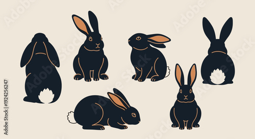 A collection of rabbits in various poses and angles in minimalist black and white vector style, perfect for children's book illustrations