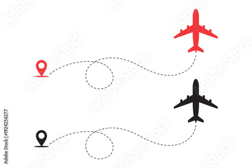 Airplane Flight Route Path with Location Pins - Travel Journey Navigation Vector Illustration
