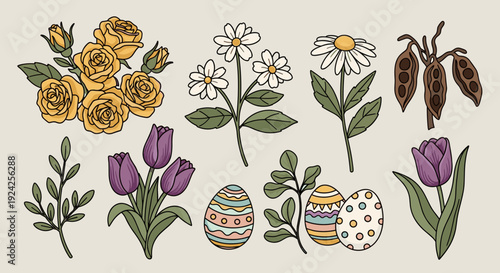 A collection of colorful spring flowers and decorated Easter eggs in vintage style, perfect for holiday designs and greetings