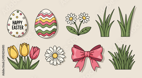 A collection of Easter-themed elements including colorful eggs, flowers, and grass in a playful vector style, perfect for seasonal decorations