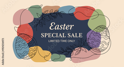 A decorative Easter sale banner featuring colorful eggs and floral elements in a modern vector style, perfect for seasonal promotions