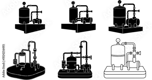 Assorted industrial and laboratory pressure vessels and pumps in schematic form isolated on white background, Vector, illustration