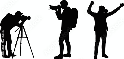 Silhouettes of photographers capturing different moments in outdoor setting isolated on white background, Vector, illustration