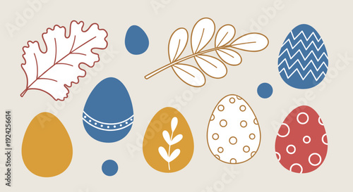 A collection of colorful Easter eggs and leaves in modern flat vector style, perfect for spring-themed designs and seasonal decorations