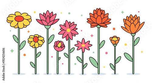 A collection of colorful flowers with stems in flat graphic vector style, perfect for spring-themed designs and creative projects
