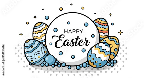 A collection of decorated Easter eggs with various patterns and colors, in a modern flat vector style, ideal for holiday greeting cards and spring celebrations